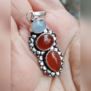 NWOT Natural Carnelian and Rainbow Moonstone Pendant .925 Sterling Overlay